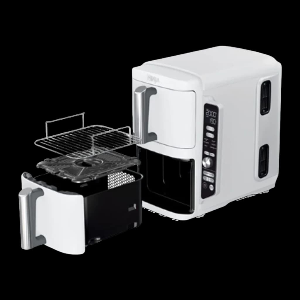 Ninja Double Stack XL SL400EUWH blanco, vista en perspectiva: cajón extraído con rejilla y bandeja apilable visibles