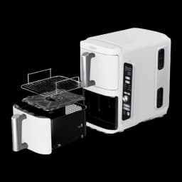 Ninja Double Stack XL SL400EUWH blanco, vista en perspectiva: cajón extraído con rejilla y bandeja apilable visibles