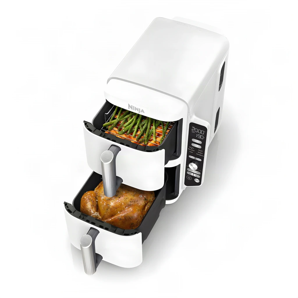 Ninja Double Stack XL SL400EUWH blanco, vista en ángulo: dos cajones cerrados con asas plateadas y panel de control lateral - Ítem6