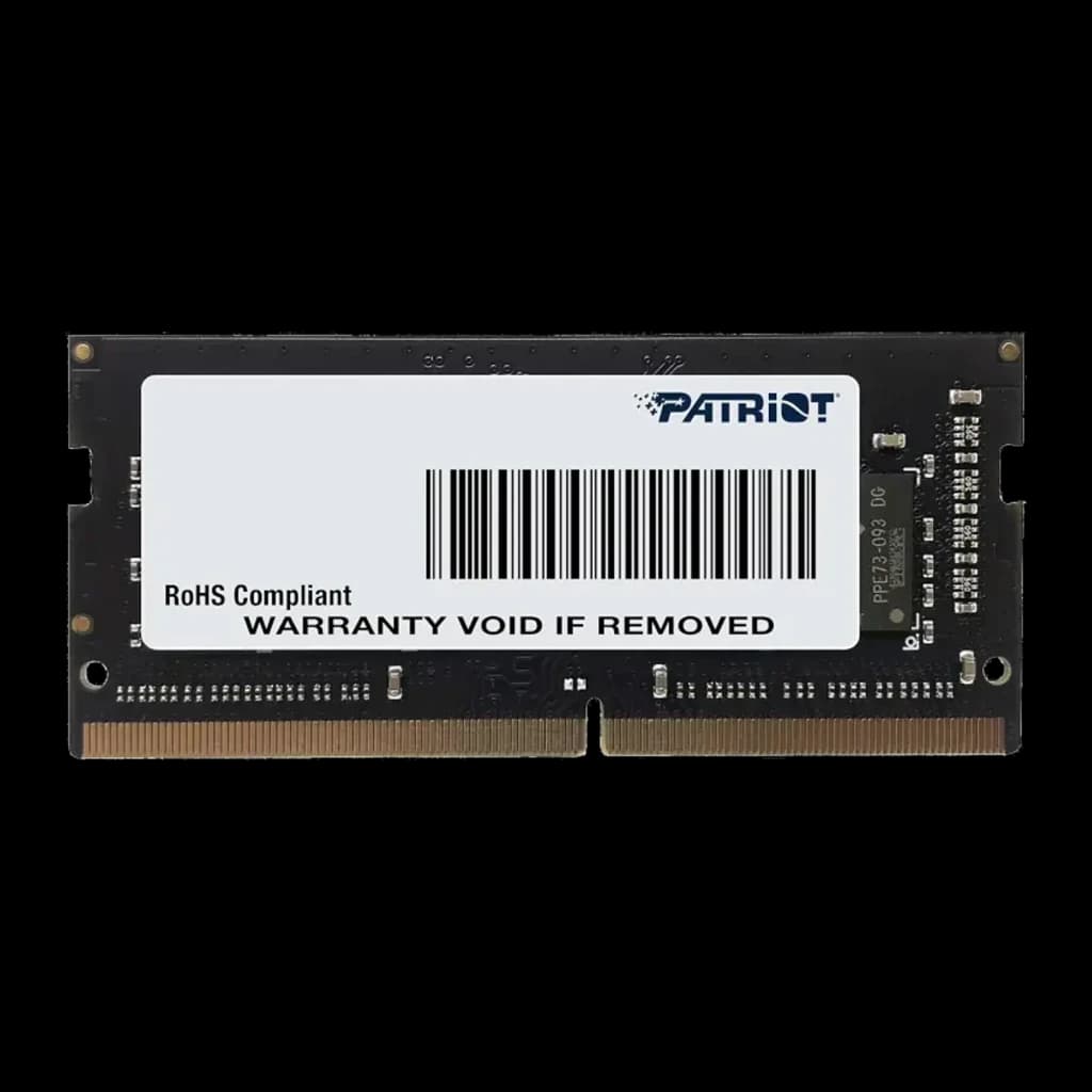 Patriot Signature PSD416G320081S 16GB preto, vista frontal: etiqueta com logo Patriot, código de barras e conector SO-DIMM