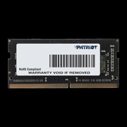 Patriot Signature PSD416G320081S 16GB preto, vista frontal: etiqueta com logo Patriot, código de barras e conector SO-DIMM