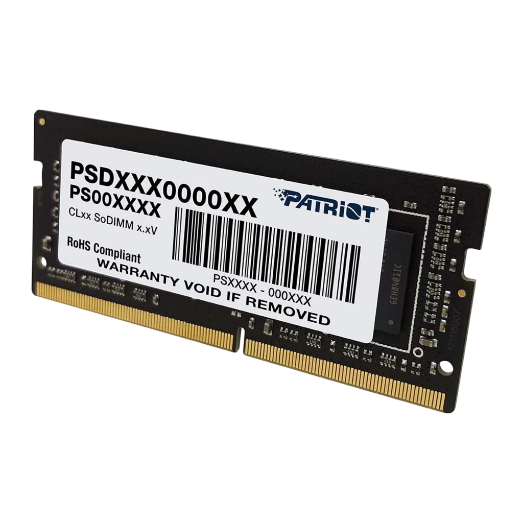 Patriot Signature PSD416G320081S 16GB negro, vista frontal: etiqueta con logo Patriot, código de barras y conector SO-DIMM - Ítem1