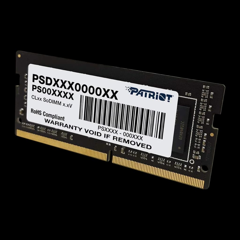 Patriot Signature PSD416G320081S 16GB preto, vista em ângulo: módulo SO-DIMM inclinado com etiqueta, chips e conector dourado