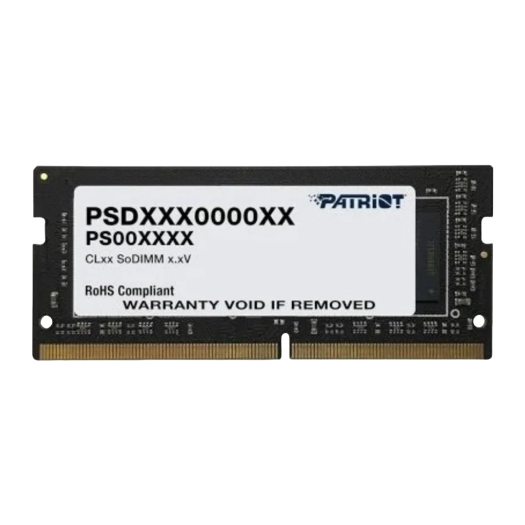 Patriot Signature PSD416G320081S 16GB negro, vista frontal: etiqueta con logo Patriot, código de barras y conector SO-DIMM - Ítem2