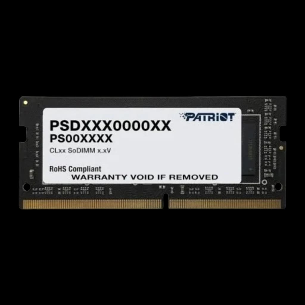 Patriot Signature PSD416G320081S 16GB preto, vista frontal: etiqueta grande com referência SoDIMM, chips visíveis no lado