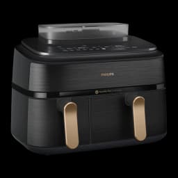 Philips Freidora Aire 5000 Series NA552/00 Doble 9L Negro, vista en ángulo: lateral izquierdo visible, asas doradas y logo