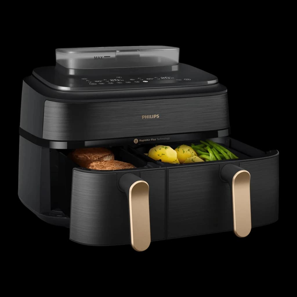 Philips Freidora Aire 5000 Series NA552/00 Doble 9L Negro, cajón abierto: interior con carne, patatas y judías verdes
