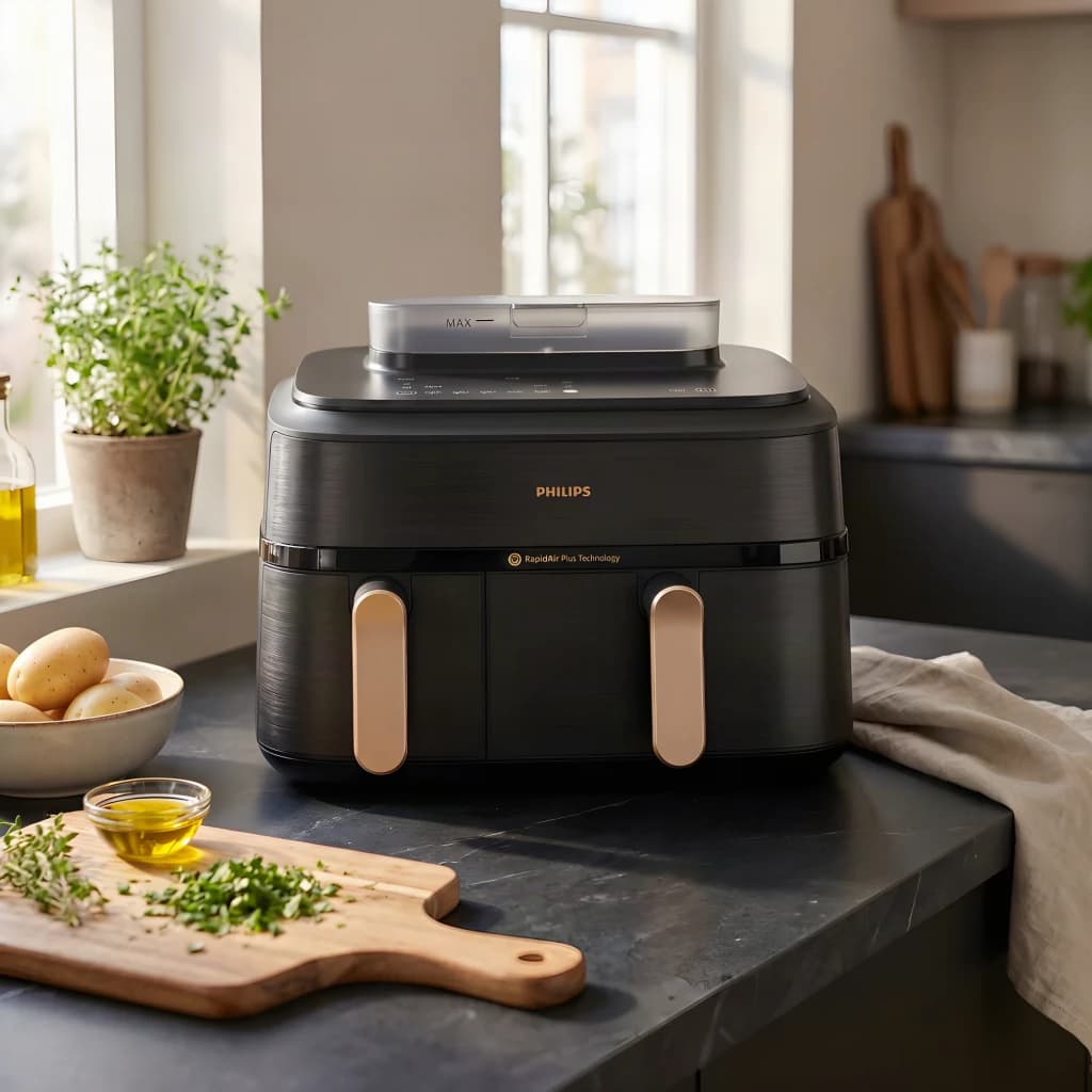 Philips Freidora Aire 5000 Series NA552/00 Doble 9L negro, vista frontal en cocina: dos cajones dorados y depósito superior