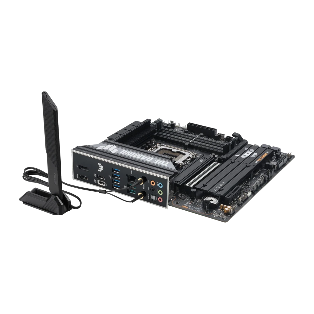 ASUS TUF Gaming B860M-Plus WiFi noir, vue avant en angle: socket LGA, slots RAM, dissipateurs VRM et logo TUF Gaming - Ítem2