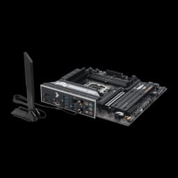 ASUS TUF Gaming B860M-Plus WiFi noir, vue latérale: panneau arrière avec ports USB, audio et antenne WiFi externe connectée