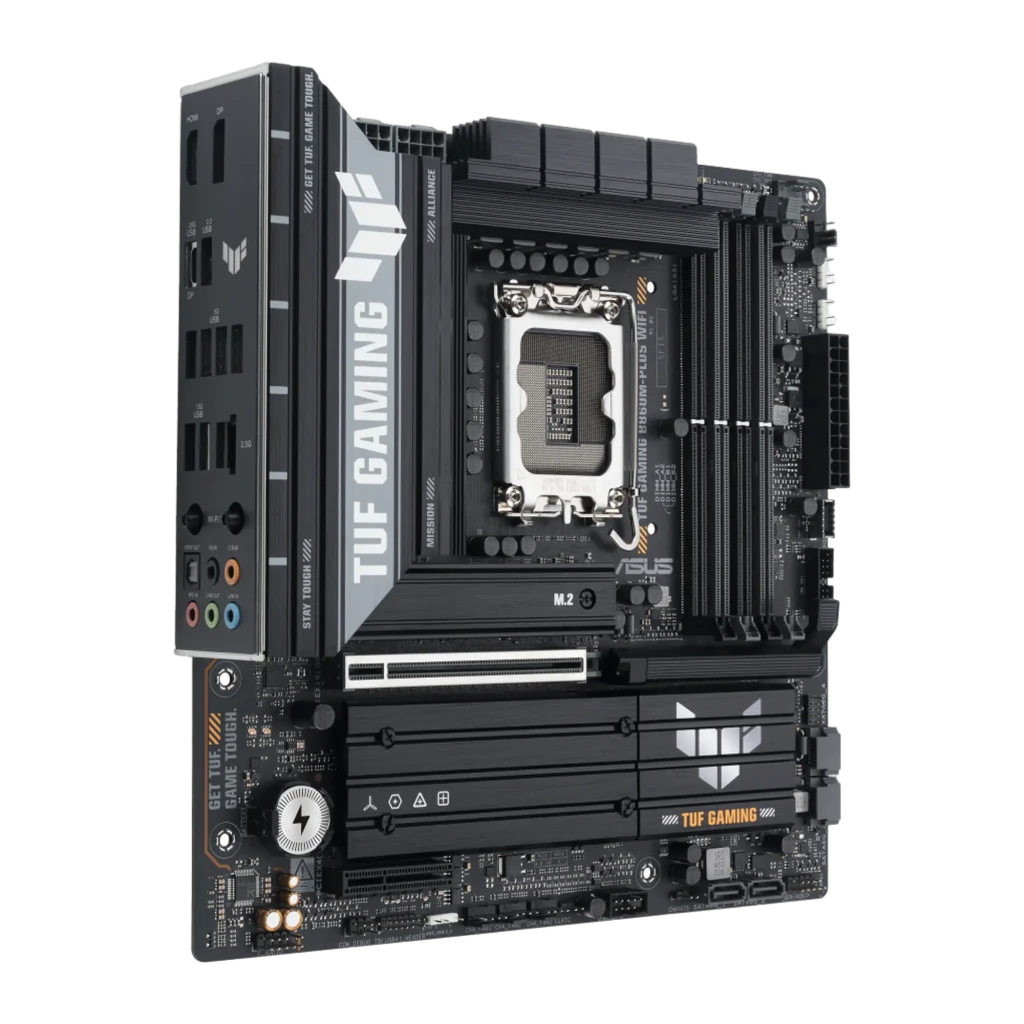 ASUS TUF Gaming B860M-Plus WiFi noir, vue avant en angle: socket LGA, slots RAM, dissipateurs VRM et logo TUF Gaming