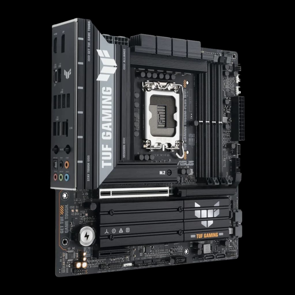 ASUS TUF Gaming B860M-Plus WiFi noir, vue avant en angle: socket LGA, slots RAM, dissipateurs VRM et logo TUF Gaming
