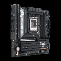 ASUS TUF Gaming B860M-Plus WiFi noir, vue avant en angle: socket LGA, slots RAM, dissipateurs VRM et logo TUF Gaming