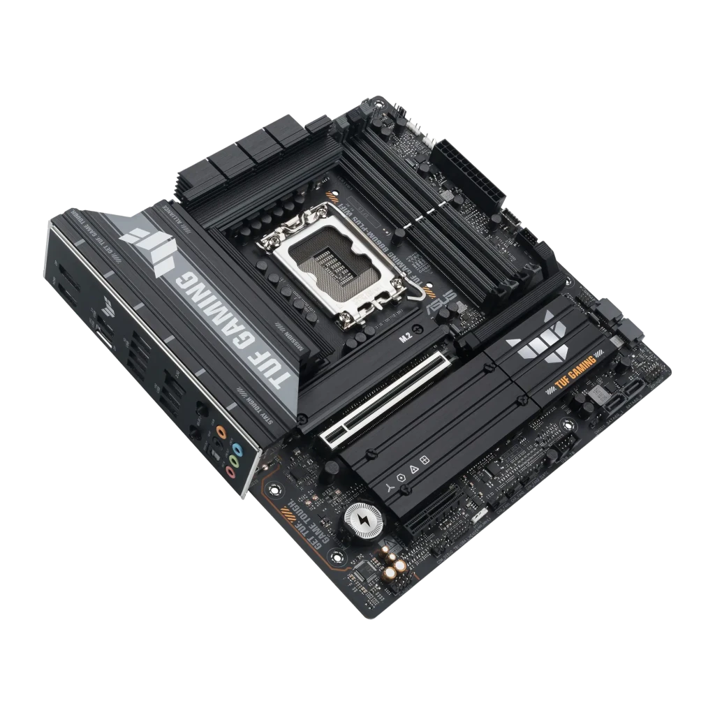 ASUS TUF Gaming B860M-Plus WiFi noir, vue avant en angle: socket LGA, slots RAM, dissipateurs VRM et logo TUF Gaming - Ítem1