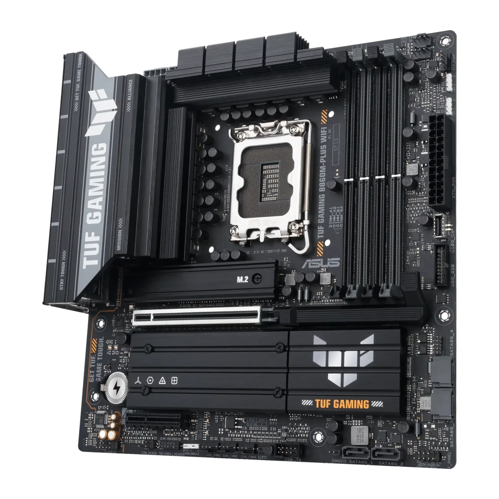 ASUS TUF Gaming B860M-Plus WiFi noir, vue avant en angle: socket LGA, slots RAM, dissipateurs VRM et logo TUF Gaming - Ítem4