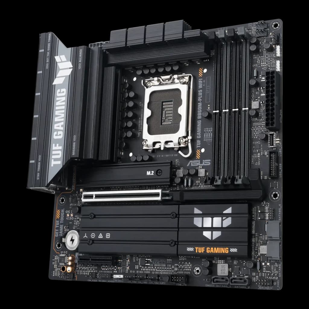 ASUS TUF Gaming B860M-Plus WiFi Noir, vue en angle: socket LGA, dissipateurs VRM, slots DDR5 et logo TUF Gaming doré