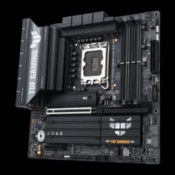 ASUS TUF Gaming B860M-Plus WiFi Noir, vue en angle: socket LGA, dissipateurs VRM, slots DDR5 et logo TUF Gaming doré