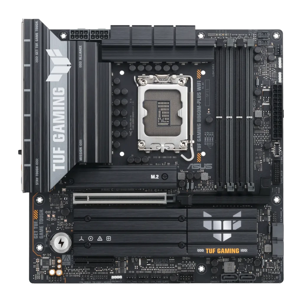 ASUS TUF Gaming B860M-Plus WiFi noir, vue avant en angle: socket LGA, slots RAM, dissipateurs VRM et logo TUF Gaming - Ítem5