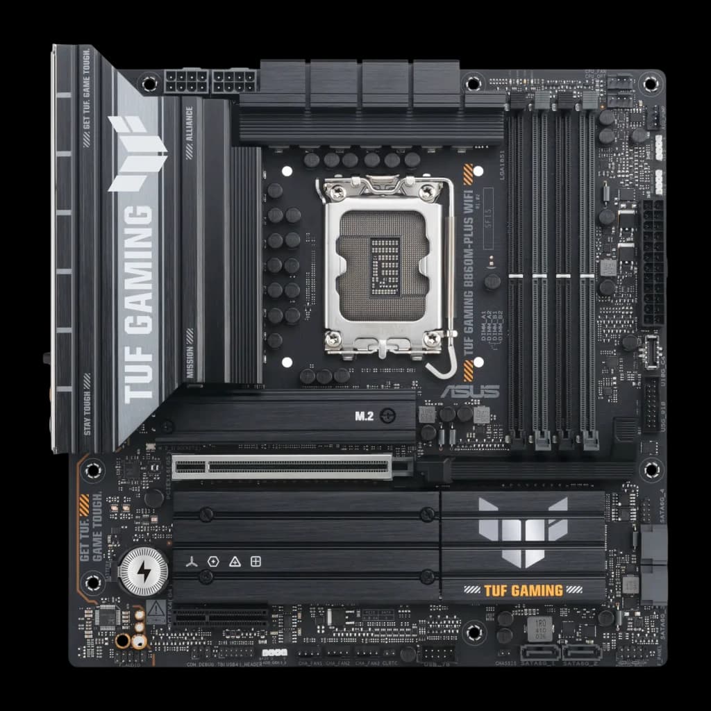 ASUS TUF Gaming B860M-Plus WiFi Noir, vue dessus: socket LGA, dissipateurs VRM, slots PCIe et logo TUF Gaming