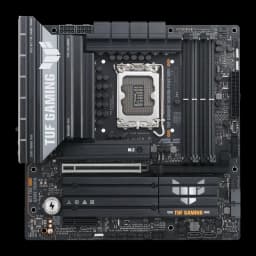 ASUS TUF Gaming B860M-Plus WiFi Noir, vue dessus: socket LGA, dissipateurs VRM, slots PCIe et logo TUF Gaming