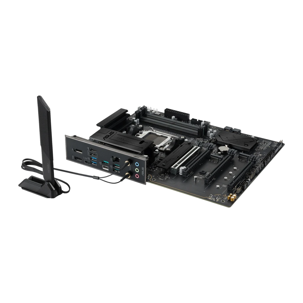 ASUS B850 MAX GAMING WIFI negro, kit completo: placa base con antena WiFi externa conectada al panel I/O trasero