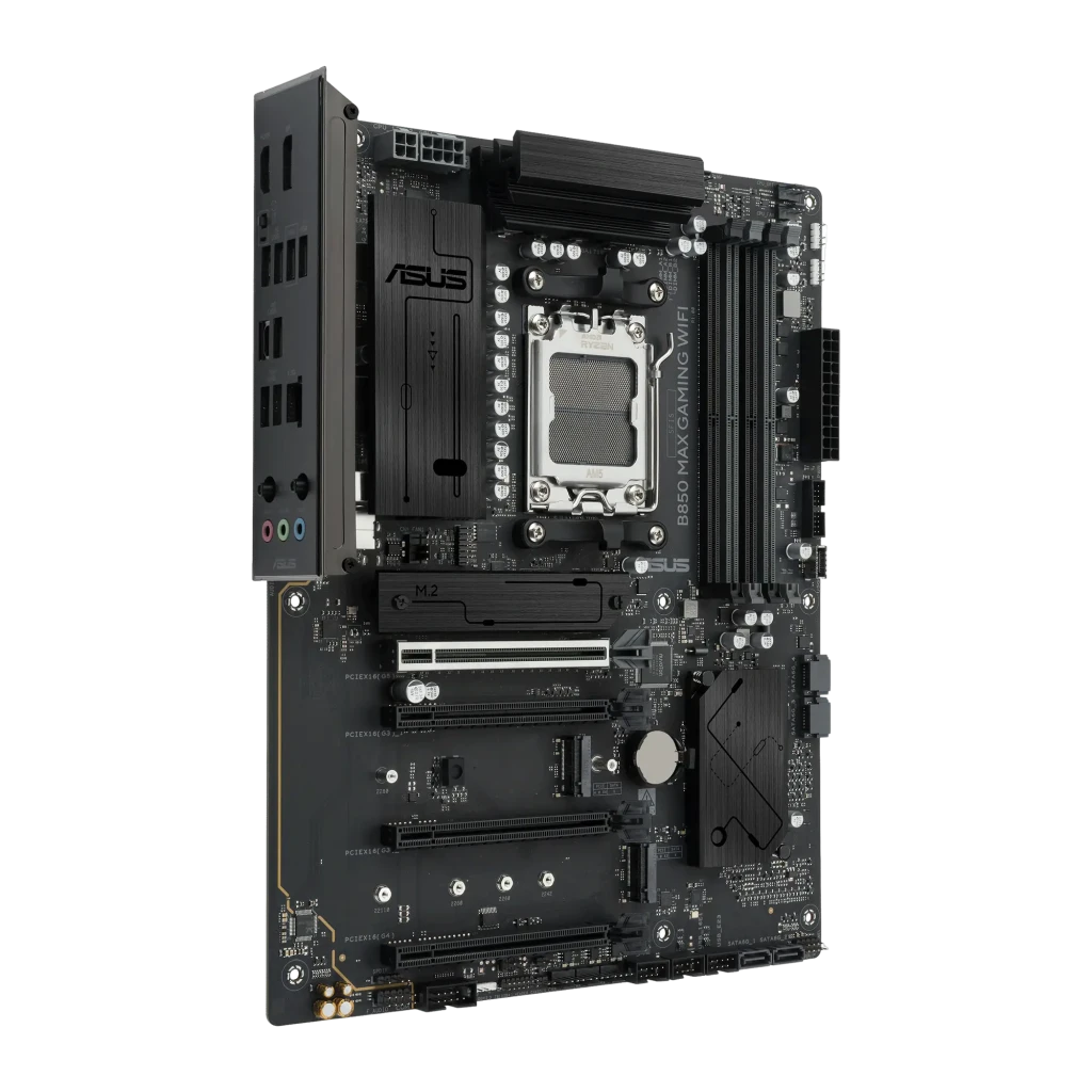 ASUS B850 MAX GAMING WIFI negro, vista en ángulo izquierdo: panel trasero con puertos de audio y panel I/O visible