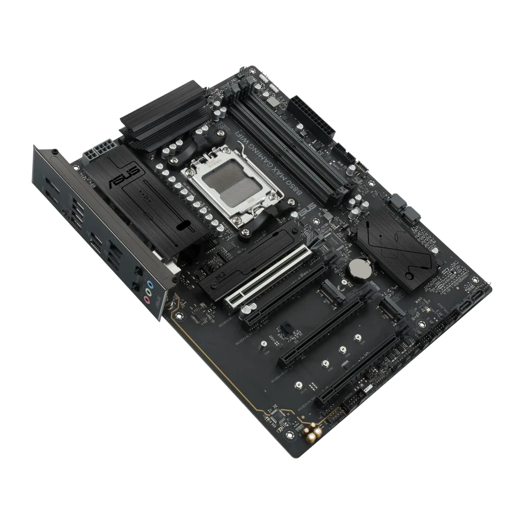 ASUS B850 MAX GAMING WIFI negro, ángulo superior derecho: socket AM5, ranuras M.2, slots PCIe y conectores SATA