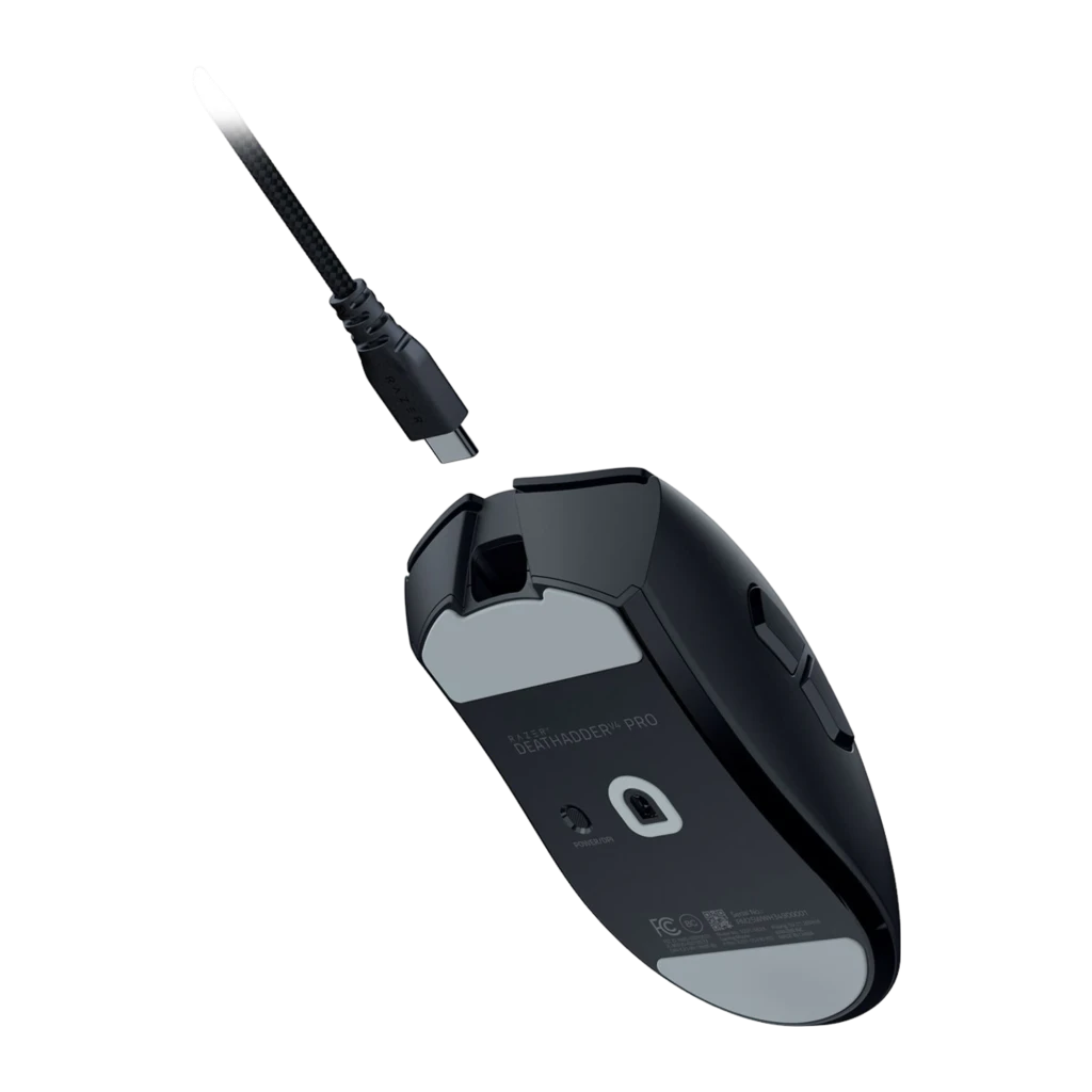 Razer DeathAdder V4 Pro preto, vista superior: forma ergonómica, roda texturizada e LED verde aceso - Item2