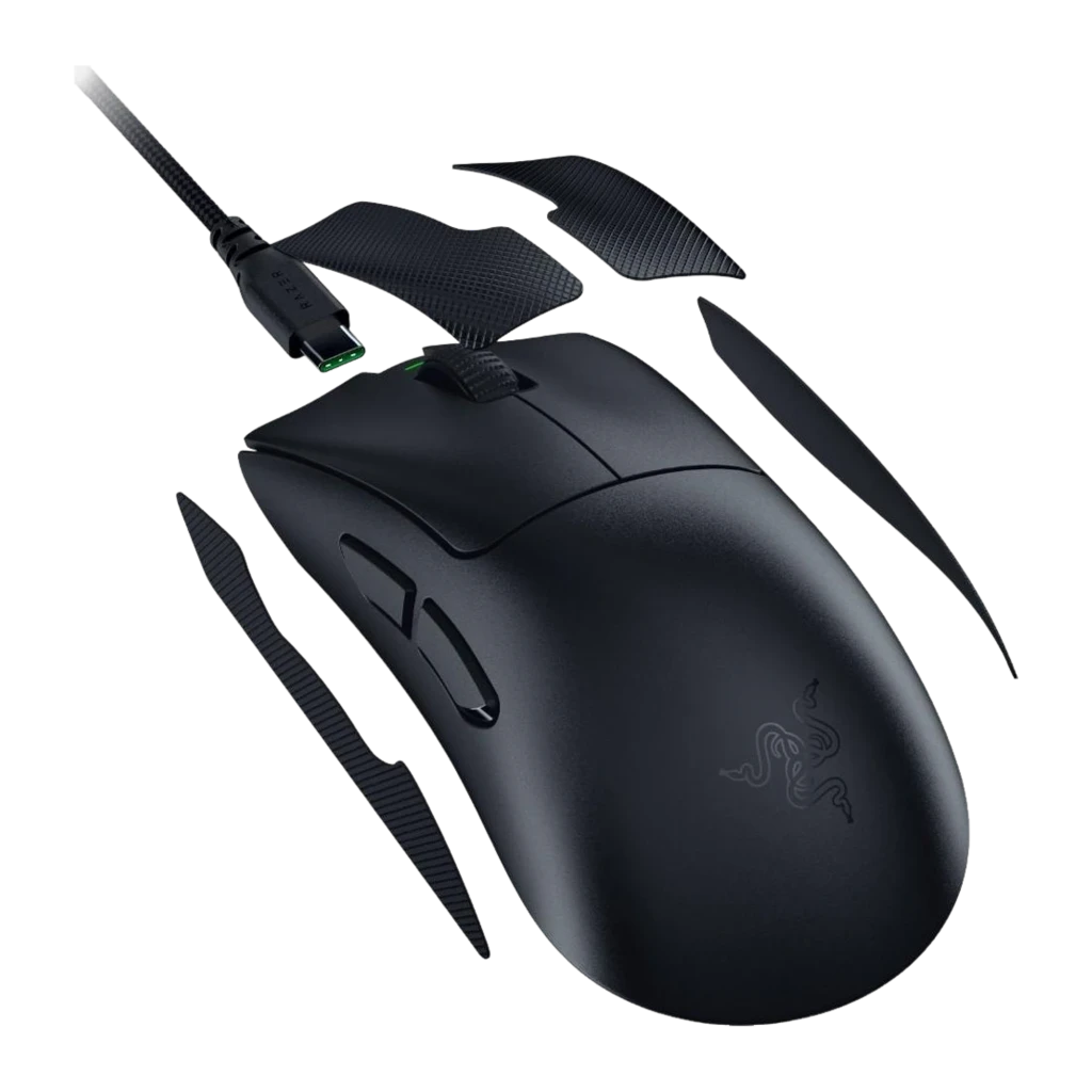 Razer DeathAdder V4 Pro preto, vista superior: forma ergonómica, roda texturizada e LED verde aceso - Item3