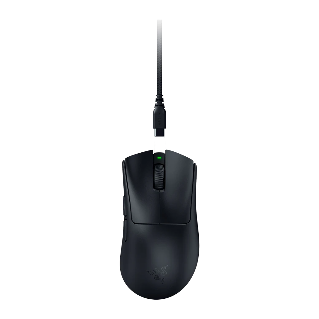 Razer DeathAdder V4 Pro preto, vista superior: forma ergonómica, roda texturizada e LED verde aceso - Item4