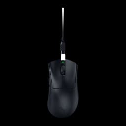 Razer DeathAdder V4 Pro negro, vista superior frontal: cable USB-C con adaptador blanco y LED verde, sin grips laterales