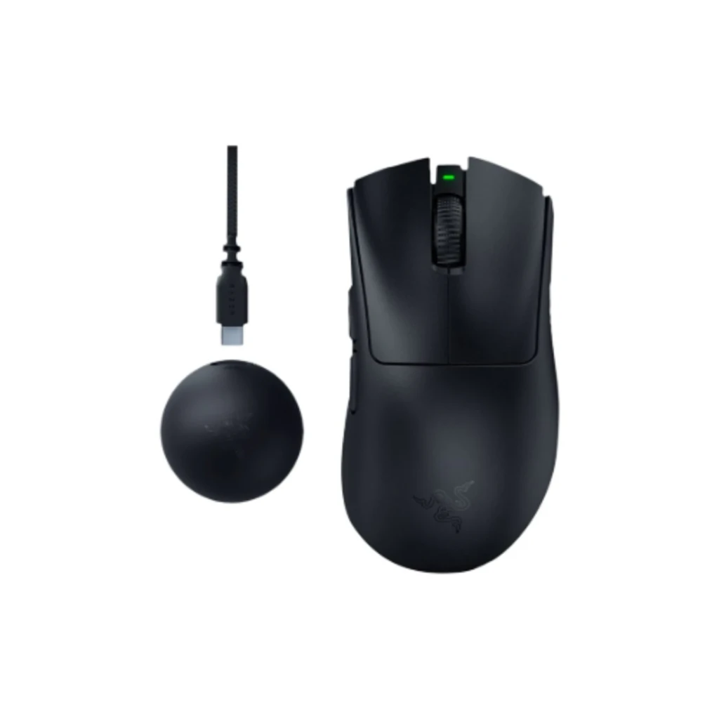 Razer DeathAdder V4 Pro preto, vista superior: forma ergonómica, roda texturizada e LED verde aceso - Item5