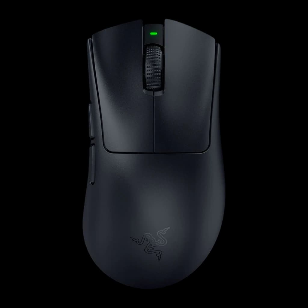 Razer DeathAdder V4 Pro negro, vista superior: forma ergonómica, rueda texturizada y LED verde encendido