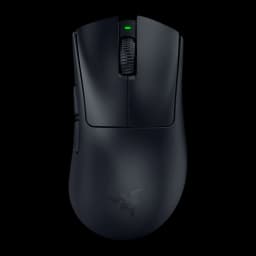 Razer DeathAdder V4 Pro negro, vista superior: forma ergonómica, rueda texturizada y LED verde encendido