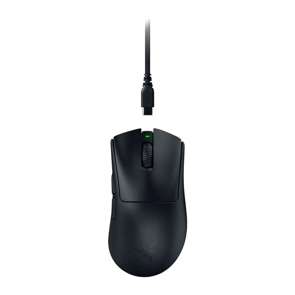Razer DeathAdder V4 Pro preto, vista superior: forma ergonómica, roda texturizada e LED verde aceso - Item1