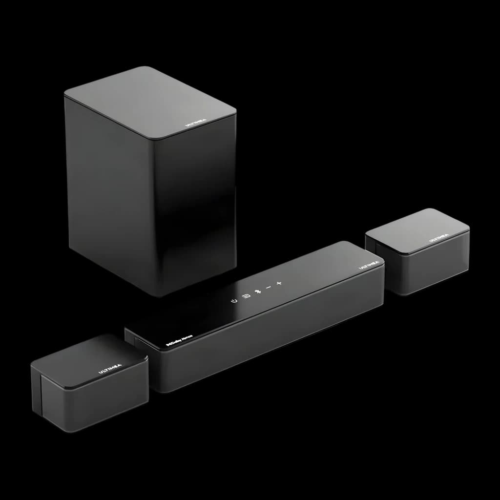 Ultimea Poseidon D60 Soundbar negro, vista conjunto: barra, subwoofer y dos altavoces satélite en perspectiva