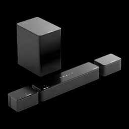 Ultimea Poseidon D60 Soundbar negro, vista conjunto: barra, subwoofer y dos altavoces satélite en perspectiva