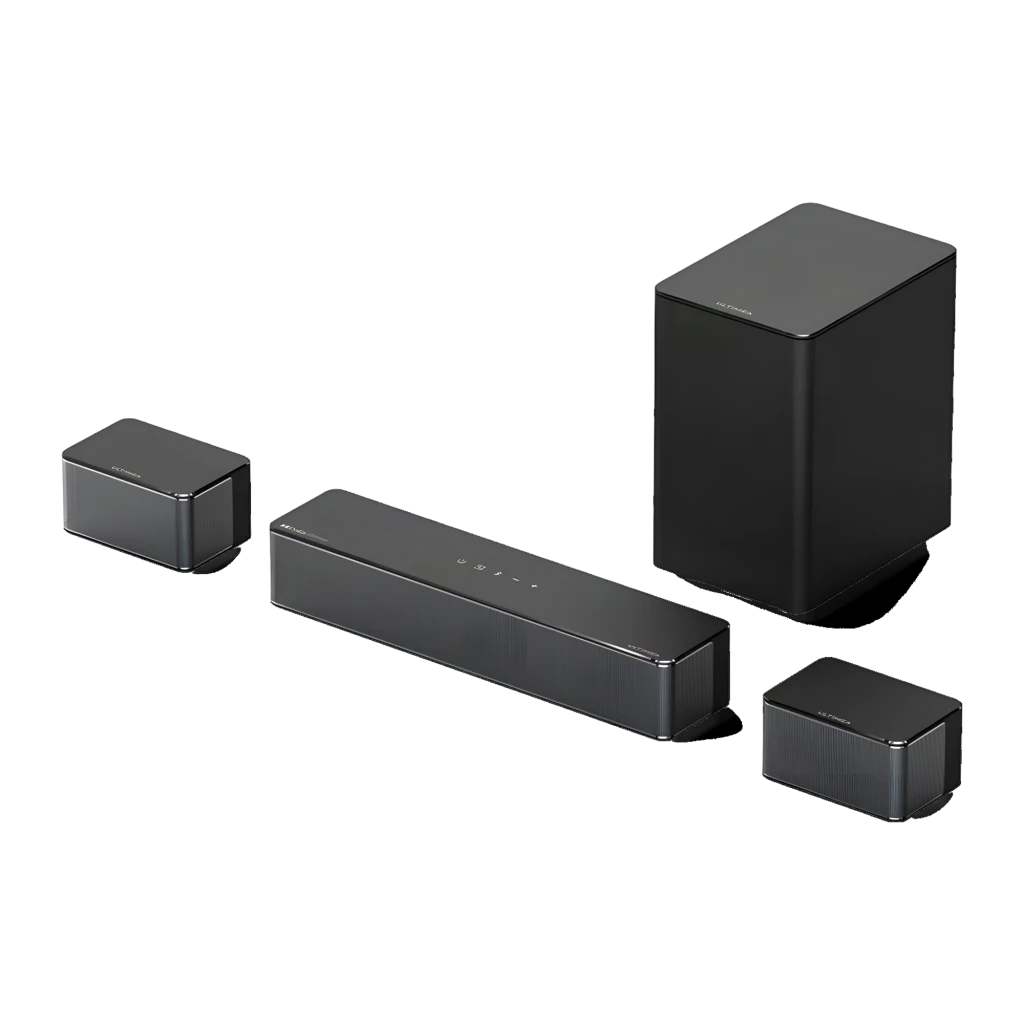 Ultimea Poseidon D60 Soundbar preto, vista conjunto: barra, subwoofer e dois satélites em perspectiva sobre fundo escuro