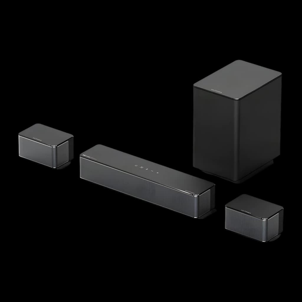 Ultimea Poseidon D60 Soundbar negro, vista conjunto: barra, subwoofer y dos altavoces satélite en perspectiva sobre fondo
