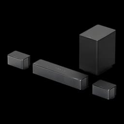 Ultimea Poseidon D60 Soundbar negro, vista conjunto: barra, subwoofer y dos altavoces satélite en perspectiva sobre fondo
