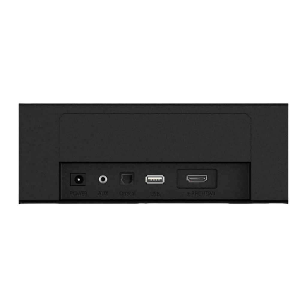 Ultimea Poseidon D60 Soundbar preto, vista traseira: portas Power, AUX, Optical, USB e HDMI eARC visíveis