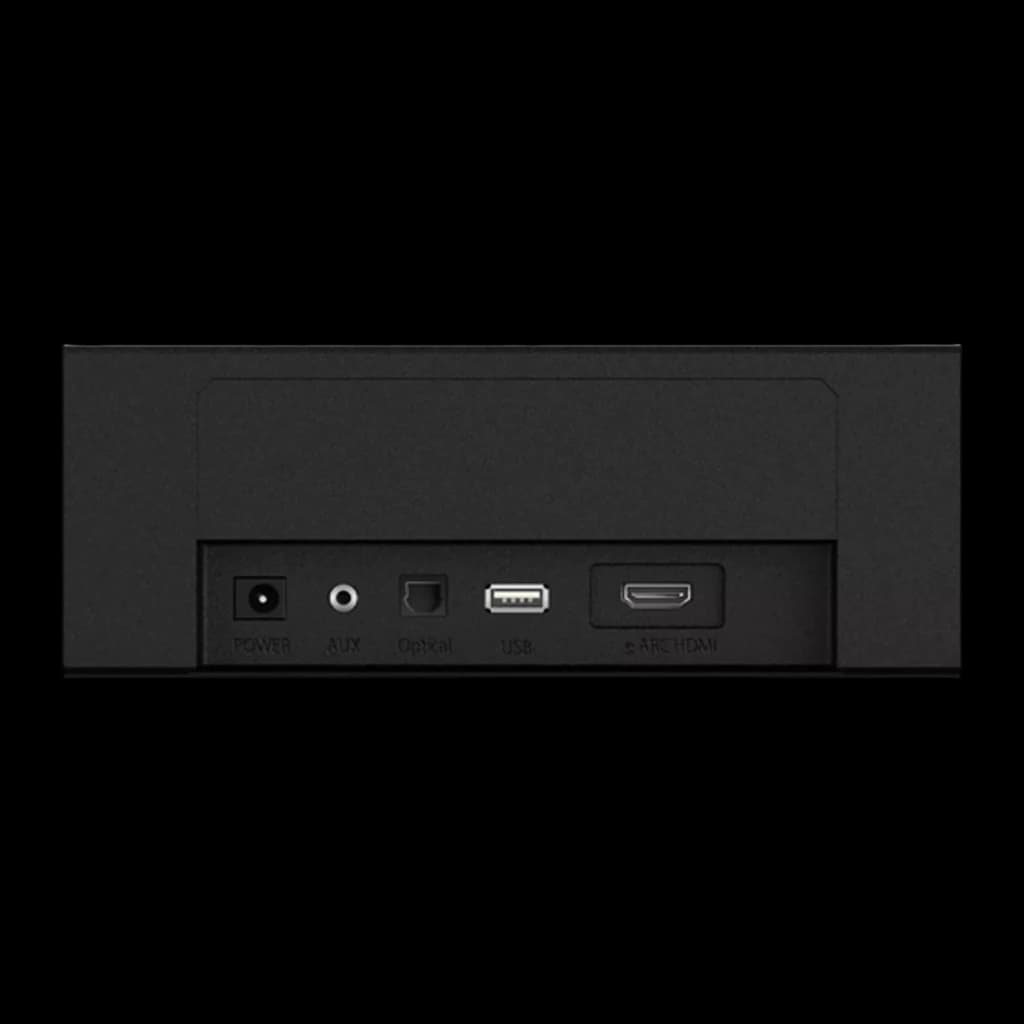 Ultimea Poseidon D60 Soundbar negro, vista trasera: puertos Power, AUX, Optical, USB y HDMI eARC visibles