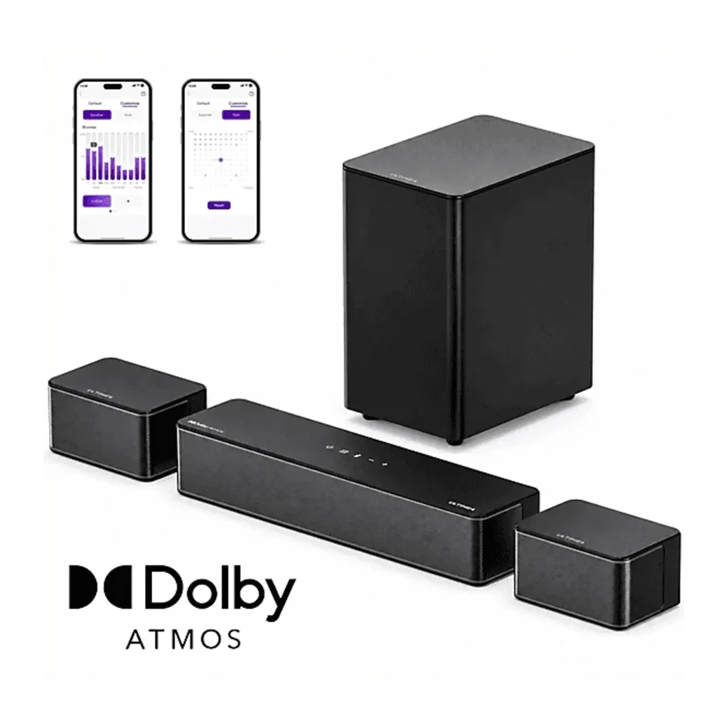 Ultimea Poseidon D60 Soundbar preto, sistema completo: barra, subwoofer, colunas traseiras, app e logo Dolby Atmos