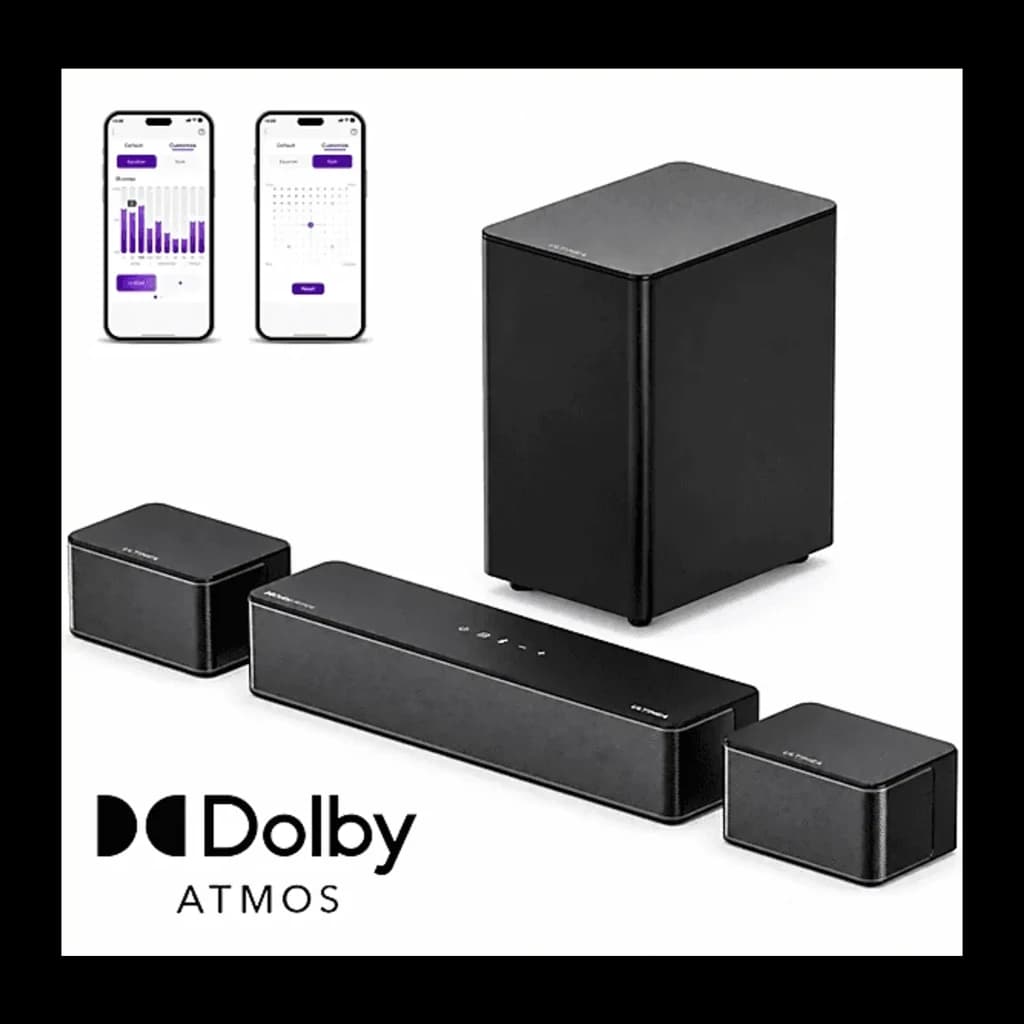 Ultimea Poseidon D60 Soundbar negro, sistema completo: barra, subwoofer, altavoces traseros, app y logo Dolby Atmos