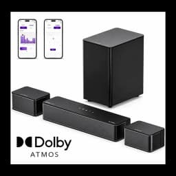 Ultimea Poseidon D60 Soundbar negro, sistema completo: barra, subwoofer, altavoces traseros, app y logo Dolby Atmos