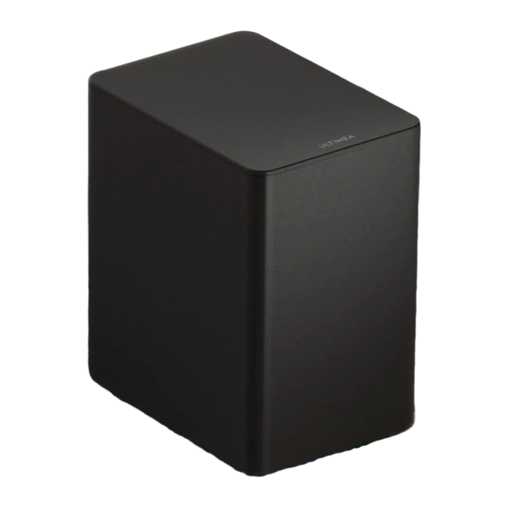 Ultimea Poseidon D60 Soundbar preto, subwoofer em perspectiva: caixa compacta preta mate com logótipo Ultimea na tampa