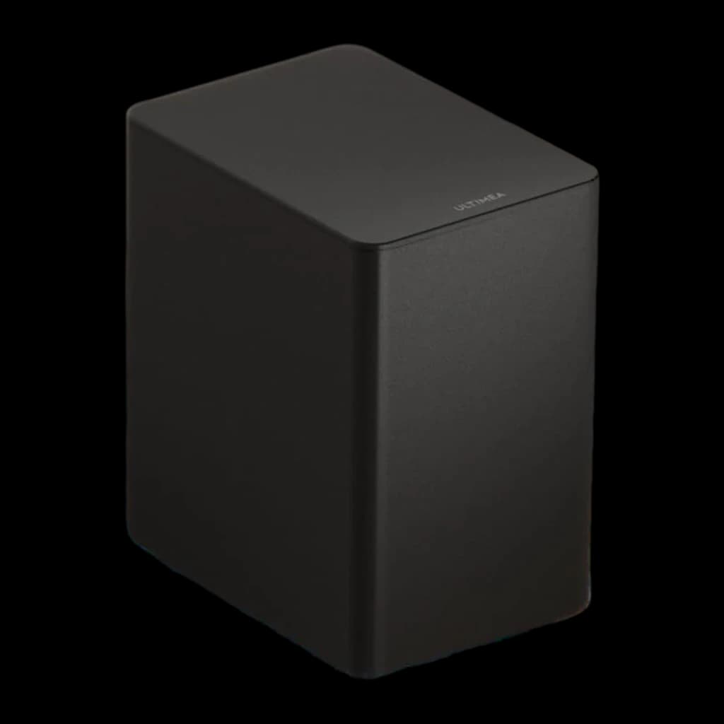 Ultimea Poseidon D60 Soundbar negro, subwoofer en perspectiva: caja compacta negra mate con logo Ultimea en la tapa