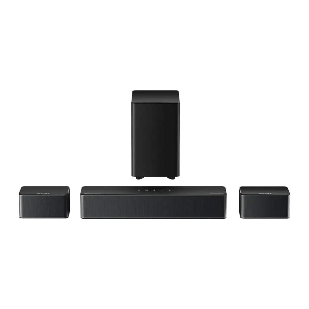 Ultimea Poseidon D60 Soundbar preto, vista frontal: barra de som, subwoofer e dois altifalantes satélite pretos