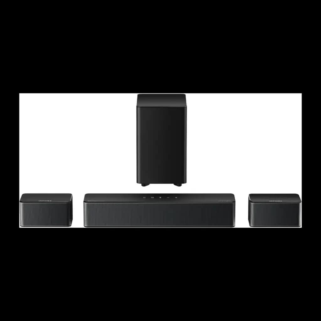 Ultimea Poseidon D60 Soundbar negro, vista frontal: barra de sonido, subwoofer y dos altavoces satélite negros