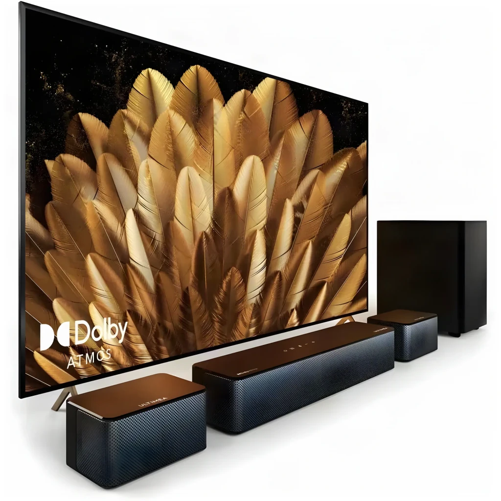 Ultimea Poseidon D60 Soundbar preto, conjunto completo: barra, subwoofer e colunas traseiras com TV e logo Dolby Atmos